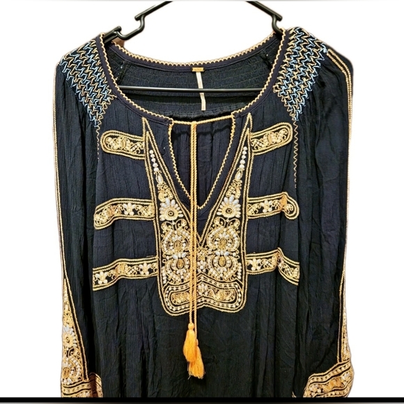 Free People Wind Willow Boho Embroidered Tied Neck Tunic Dress  Small‎ Festival - Picture 3 of 9